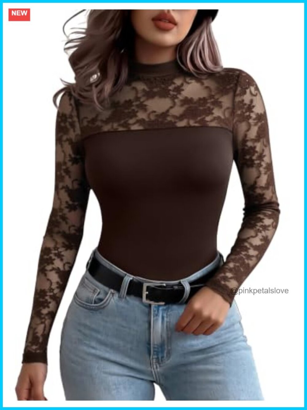 Women's Lace Mesh Sheer Long Sleeve Blouse Crew Neck Fitted Top